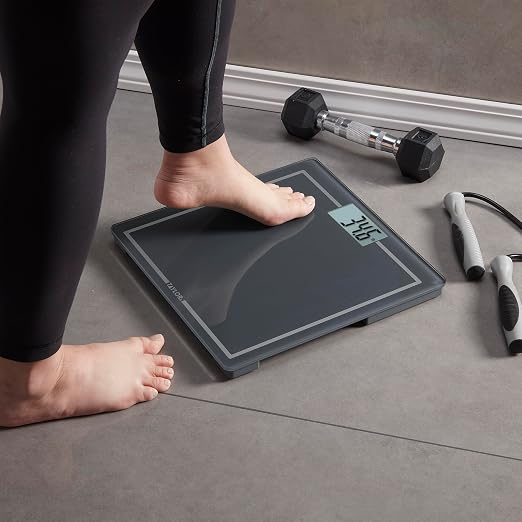 Taylor Digital Bathroom Scale with Handle, Blue Gray Glass Platform, 440 lb Capacity, 12x12 Inch