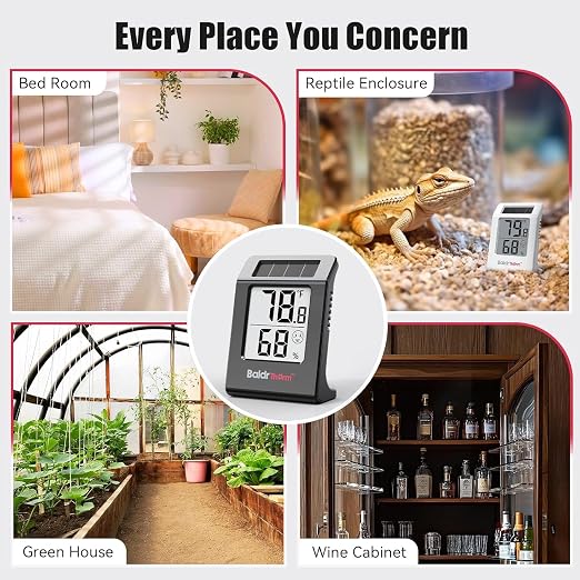 2.2'' Digital Thermometer and Hygrometer Meter, Solar-Powered Indoor Temperature Sensor Humidity Monitor, Humidity Gauge for Baby Rooms, Bedrooms, Home, Office, and Wine Cellars, Black, 2Pack