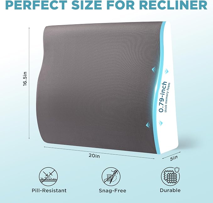 Dual-Layer Memory Foam Lumbar Support Pillow for Recliner, Grey | Back Support Cushion with Adjustable Strap & Washable Cover, Ergonomic Lumbar Pillow for Elderly Back Pain Relief Couch Sofa