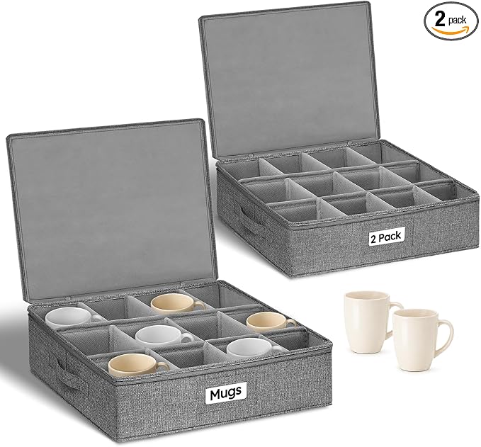 Cirhy Mug Storage Organizer, Hard Shell Coffee & Teacup Storage Box with 12 Padded Compartments, Stackable Portable Cup Storage Organizer for Holiday, Seasonal & Moving Use, 2-Pack, Grey