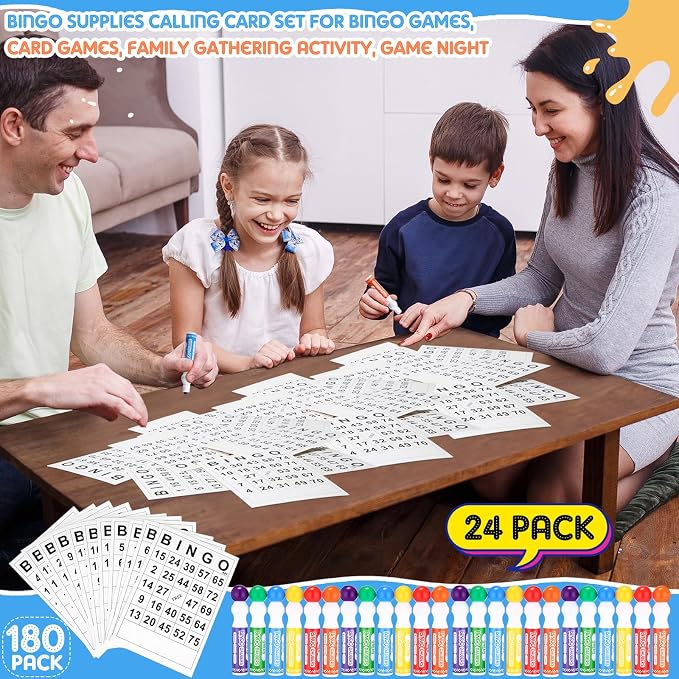 Crtiin 204 Pack Bingo Game Cards and Daubers Set Includes 180 Disposable Paper Game Sheets, 24 Mixed Colors Dot Markers Party Supplies for Card Games Activity Family Gathering Night
