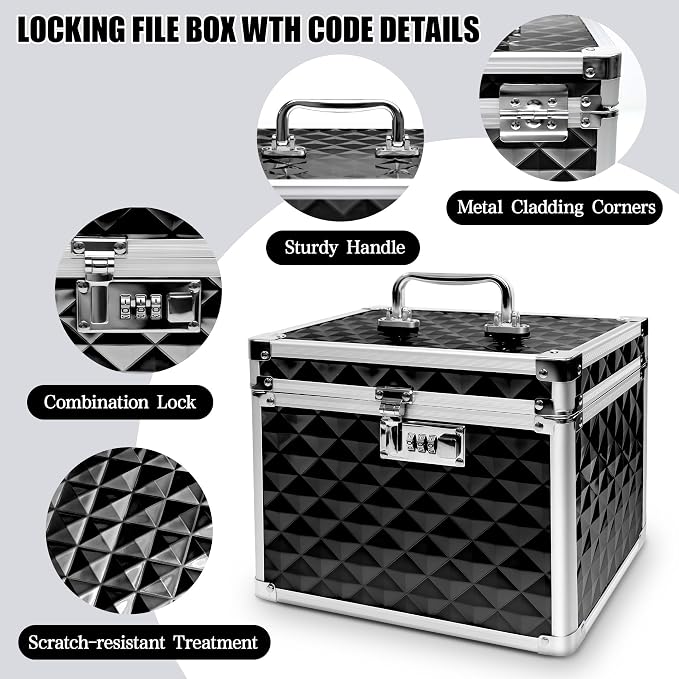 Medication Combination Lock Boxes with Code for Personal Items, Medicine Lockbox for Documents 10 x 7.25 x 7.75 Inches Plaid Black