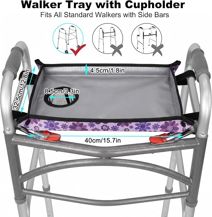 Walker Tray for Folding Walker with Cup Holder, Detachable Tray for Walker, Walker Accessories for Senior with Non-Slip Mat, Universal Fit for Meals, Drinks, Reading,Laptop (Purple)