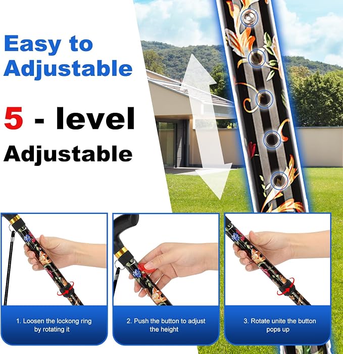 MFE Folding Cane, Portable 5-Level Adjustable Height Walking Stick with Foldable Design, Wrist Strap, and T Handle for Men and Women