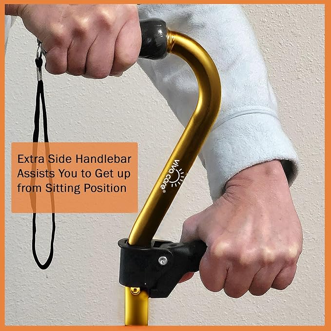 VIVA CARE Walking Cane with 4 Prongs and Extra Side Handle – Adjustable, for Balance & Stability for Adults, Seniors, and Injured.