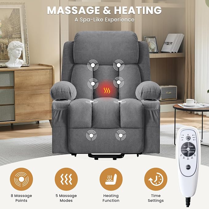 MAHOMICO Power Lift Recliner Chair for Elderly with Vibration Massage and Lumbar Heating Oversized Single Sofa with Cup Holder and USB Charge Port for Living Room