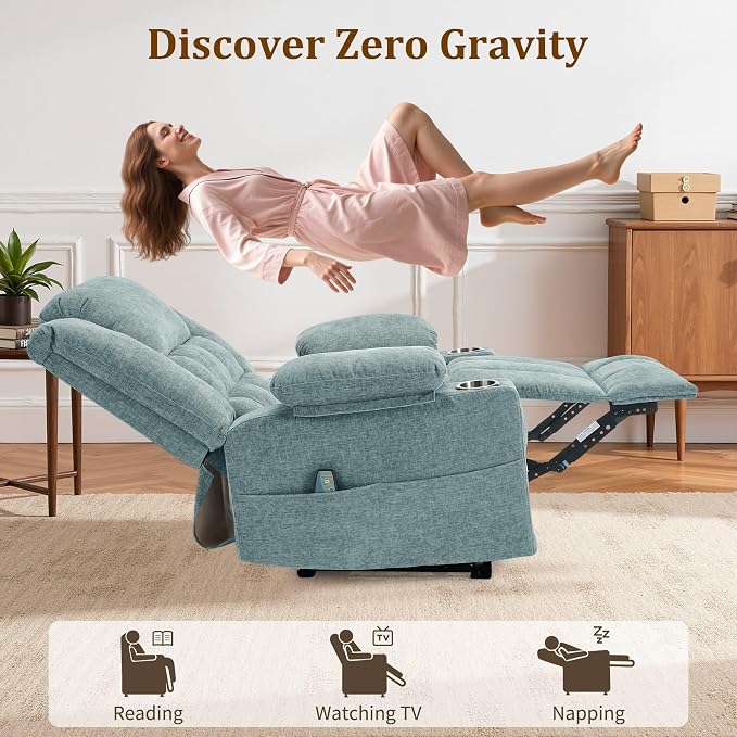 Korser Recliner Chair, Wall Hugger Recliners for RV with Massage and Heating, Zero-Gravity Recliner, Electric Power Recliner Chair for Living Room, Bedroom, Home, Theater Seating (Lakeblue)