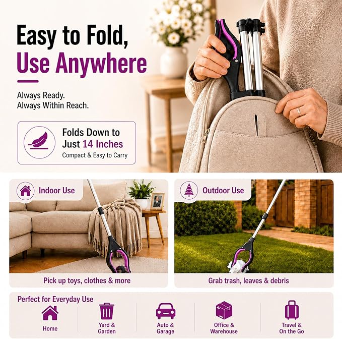 36" Grabber Reacher Tool, Reacher Grabber Pickup Tool with 4" Wide Anti-Slip Jaw, Rotating Head and Magnetic Tip, Grabbers for Seniors, Post-Surgery Use Heavy Duty, Purple Pink