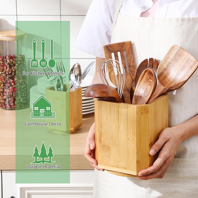 2 Pack Wooden Utensil Holder, 360°Rotating Kitchen Cooking Utensil Crock, Spoon Spatula Holder for Kitchen Counter, Farmhouse Countertop Organizer ()