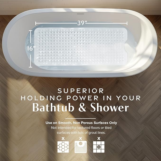 SlipX Solutions Power Grip Bathtub Safety Mat | Precision Grip Technology for Longer, Stronger, & Softer Wet Surface Protection | Solid White 39"x16"