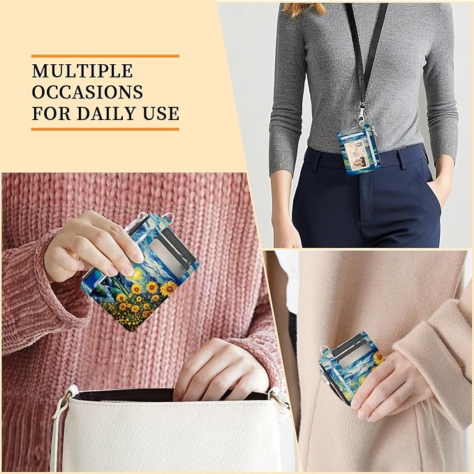 Hancynir Sunflower Slim Wallet Women Credit Card Holder, RFID Small Cute | Zipper Pocket Wallet, Thin Travel Coin Purse, Ladies Women Gifts, Minimalist Card Case, 6 Card Slots, ID Window, PU Leather