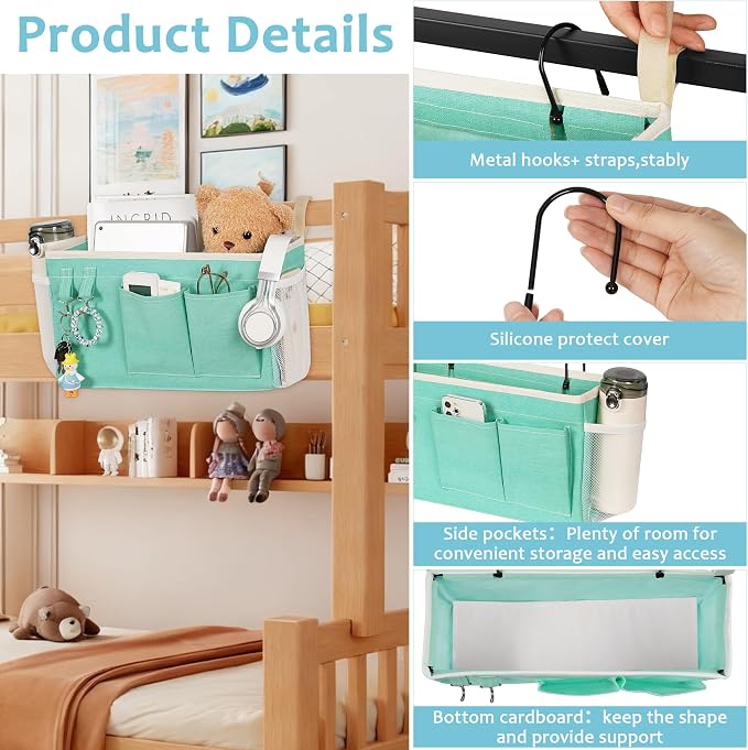 Bedside Caddy, Bedside Storage Bag Hanging Organizer for Bunk Dorm Bed Rail | Bed Caddy with Hooks, Top Bunks and Dorm Essentials for Water, Tissues, Tablets, Books, Phones, Remotes and Other Necessories
