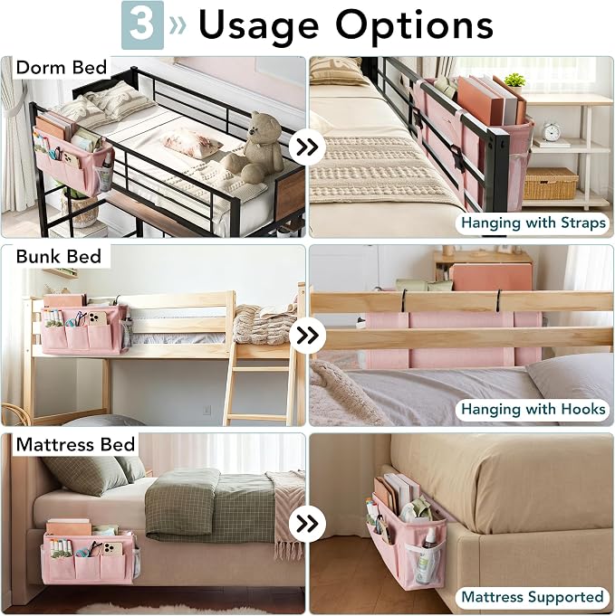 Bedside Caddy Storage Organizer for Bed Rails, Bed Caddy with 6 Pockets | Bedside Organizer with Fixed Straps and Hooks, Mattress Supported Versatile for Home, Dorm, Bunk, Hospital and Crib Bed