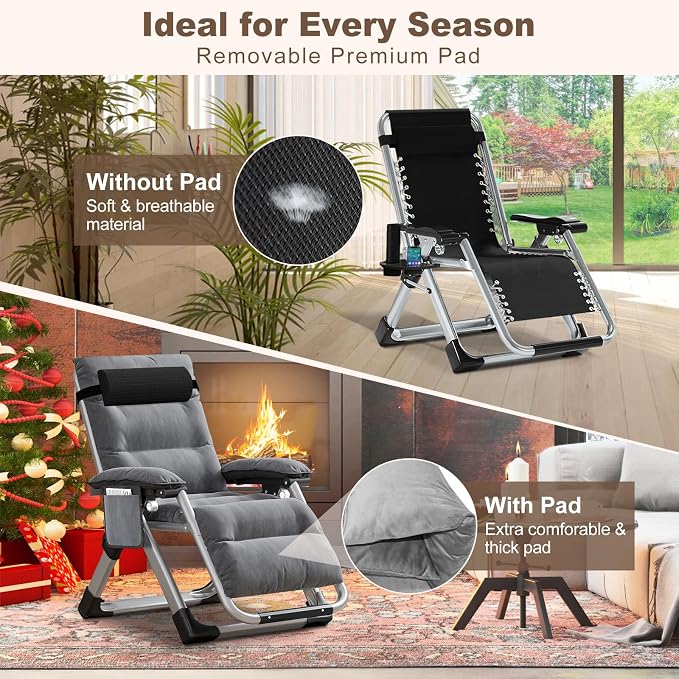 Comfy Folding Recliner Chair -Bedroom Living Room Chairs | Patio Lounge Chair with Removable Cushion for Indoor Outdoor