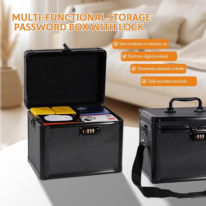 Medication Combination Lock Boxes with Code for Personal Items, Medicine Lockbox for Documents 10 x 7.25 x 7.75 Inches Shoulder with Belt Pure Black