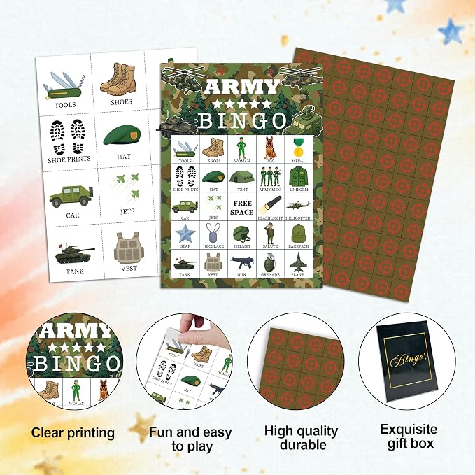 Army Party Bingo Game Cards, Camo Military Bingo Set for Adults Large Group, Camouflage Soldier Fun Party Games, Camo Army Activities Icebreaker Games for Family Friends, 06