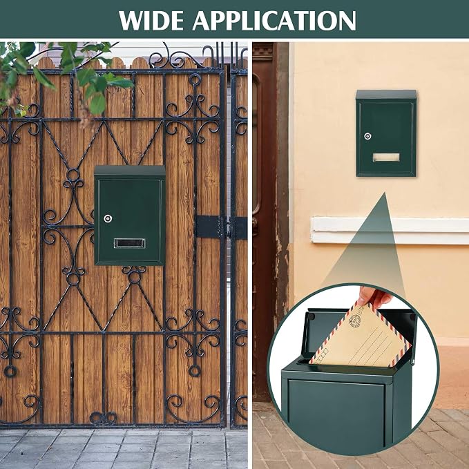Amylove Weatherproof Mail Boxes with Key Lock, Security Locking Wall Mount Metal Mailbox with Slot for Outside, Large Capacity for Mail, Packages, Donations, Voting 11.8" H x 8.3" L x 2.8" W, Green