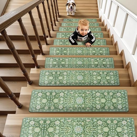 OJIA Stair Treads Non Slip Stair Runners for Wooden Steps 15PCS 8"x30" | Floral Carpet Stair Treads for Wood Stairs Indoor Staircase Step Treads for Kids & Dogs, Rubber Backing Stair Covers, Green