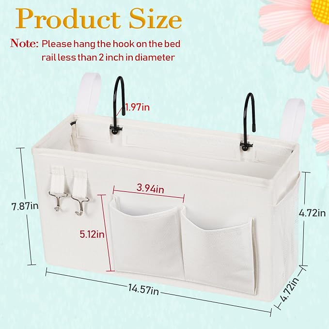 Bedside Caddy Bedside Storage Bag for Headboards/Bunk Bed | Hanging Bed Caddy with Hooks fits Bunk bed Hospital Beds Dorm Bed Rails, Essentials for Phones, Books, Remotes, Water Bottles
