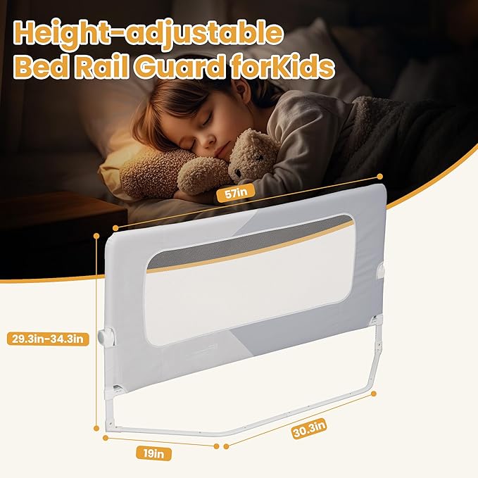 Foldable Bed Rail, 57in Reinforced Carbon Steel Frame & Connectors, Breathable Cationic Fabric - Safety Bed Rail Fits Queen, King, Twin, Full, No-Tool Easy Setup