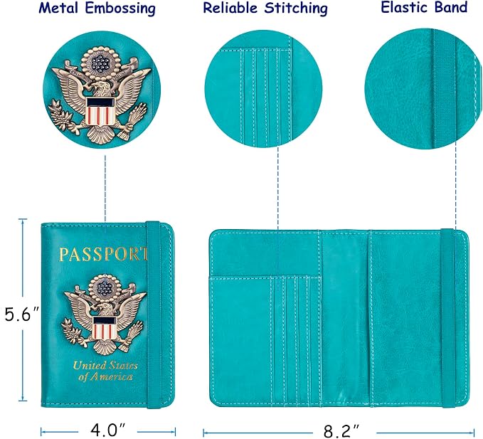 TOURSUIT RFID Blocking Passport Holder, Leather Travel Wallet, Light Blue | Travel Document Holder Cover Accessories, 3D Metal Badge, For Women Men