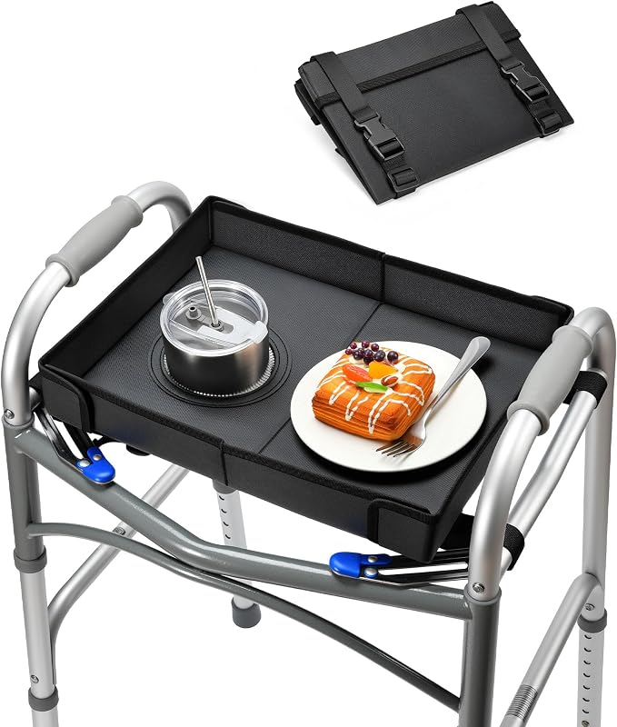 Walker Tray for Folding Walker with Cup Holder, Foldable Tray | Fits 17–19" Folding Walkers with Side Bars, Easy Install, Adjustable Straps, Spill-Resistant Surface, Lightweight for Seniors