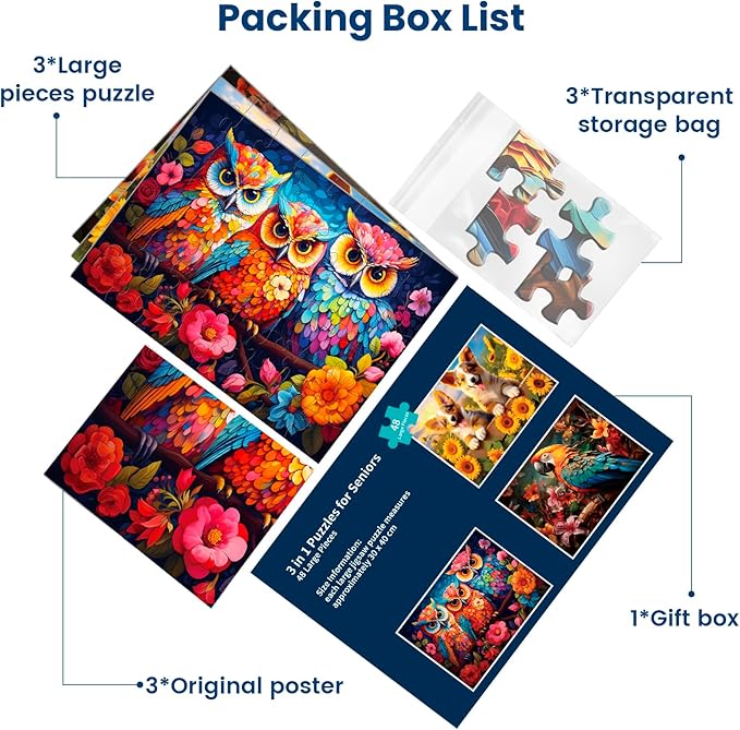 3 Packs Large Piece Puzzle for Seniors - Dementia 48 Pieces Puzzles for Elderly Adults,Alzheimer’s Puzzles Memory Cognitive Games for Elderly Seniors with 3 Storage Bags
