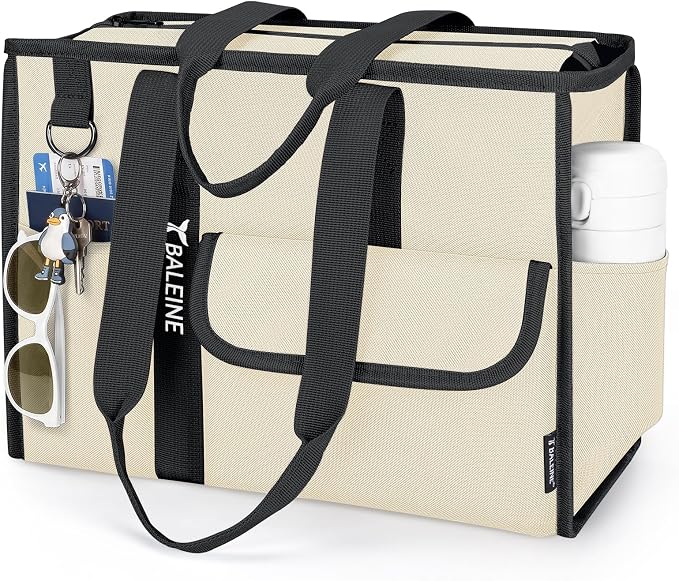 BALEINE Large Utility Tote Bag with Reinforced Bottom, Multi Pockets Foldable Tote Bag for Nurse, Travel, Work