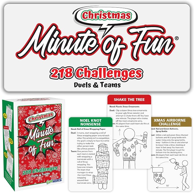 Funwares Minute of Fun Christmas Edition, 218 Challenges, 2-12 Players | Minute to Win It Style Holiday Games, You Provide Candy Canes, Stockings & Ornaments, 109 Cards, Christmas Party, Ages 8+