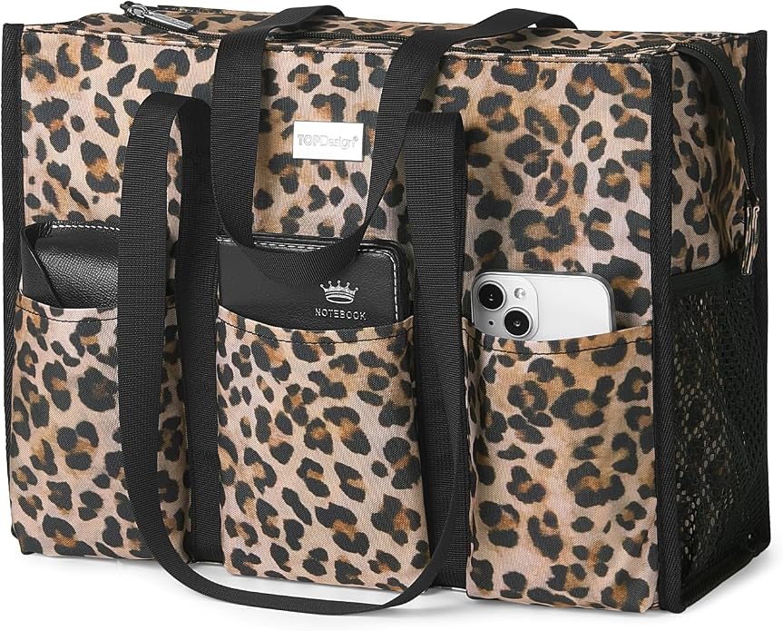 TOPDesign Utility Water Resistant Tote Bag with 13 Pockets, Top Zipper Closure & Thick Bottom Support, for Working Women