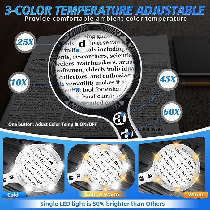 Large Magnifying Glass with Lights,10X 25X 45X 60X Lighted Magnifier | 5-inch Page Magnifier LED Lights,Handheld Magnifying Glass for Reading Small Prints & Low Vision Seniors with Aging Eyes