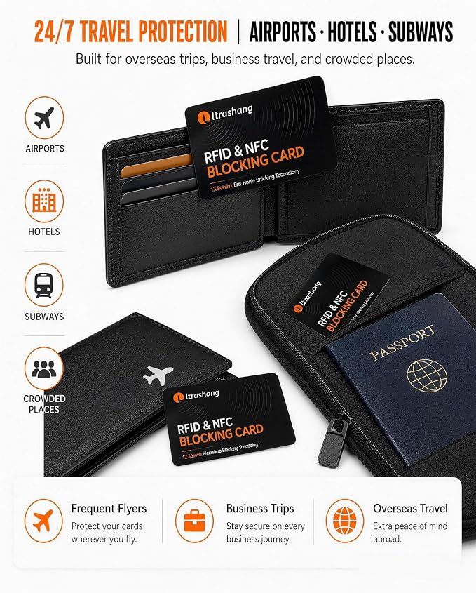 Safe RFID Blocking Card: 24/7 Credit Card Protection for Travel in Crowds | 3-Second Tap-to-Pay Self-Tested - Blocks up to 99% Contactless Skimming Risk for Overseas Vacations & Business Trips - 2Pack