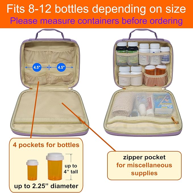 Medium Pill Bottle Organizer, Medicine Bag, Case, Carrier for Medications, Vitamins, and Medical Supplies - Travel Medicine Organizer Home Storage Med Bag - Ultrasonic Purple (Without Lock)