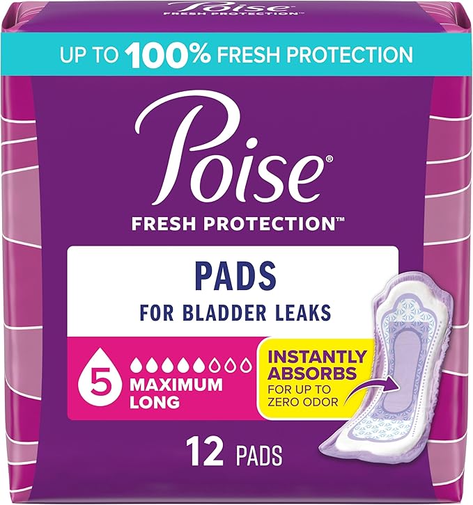 Poise Incontinence & Postpartum Pads for Bladder Leaks, 5 Drop Maximum Absorbency, Long Length, 12 Count, Packaging May Vary