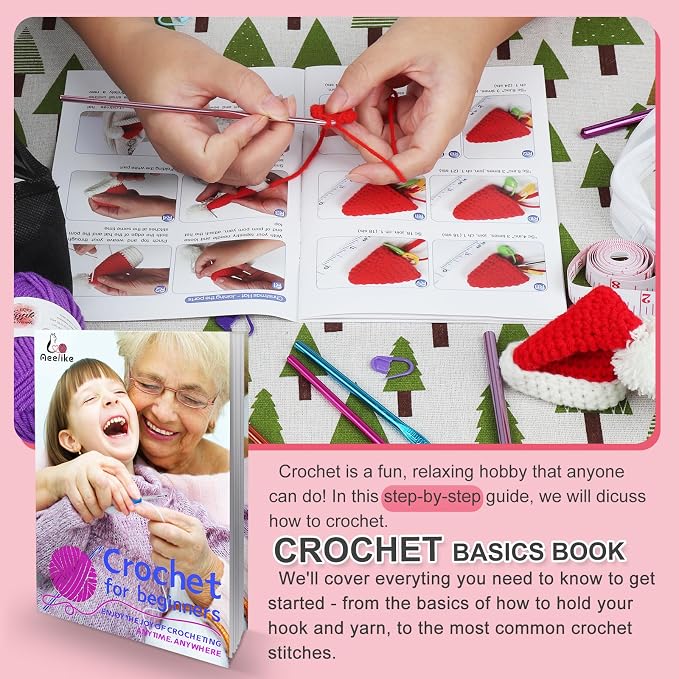 Aeelike Learn to Crochet Kits for Beginner, Crochet Starter Kit with Everything,1093 Yards Acrylic Yarn for Crocheting, 78pcs Crochet Set and Step-by-Step Instruction for Beginners Tote Storage Bag