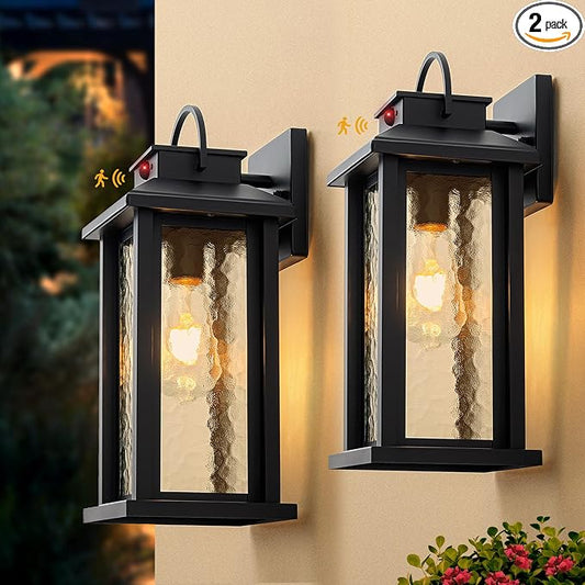 2-Pack 15.5" Motion Sensor Outdoor Lights Dusk to Dawn Porch Light | 3 Lighting Modes, E26 Socket, Water Glass, Hardwired, Matte Black Exterior Lighting Fixtures for Porch Front Door