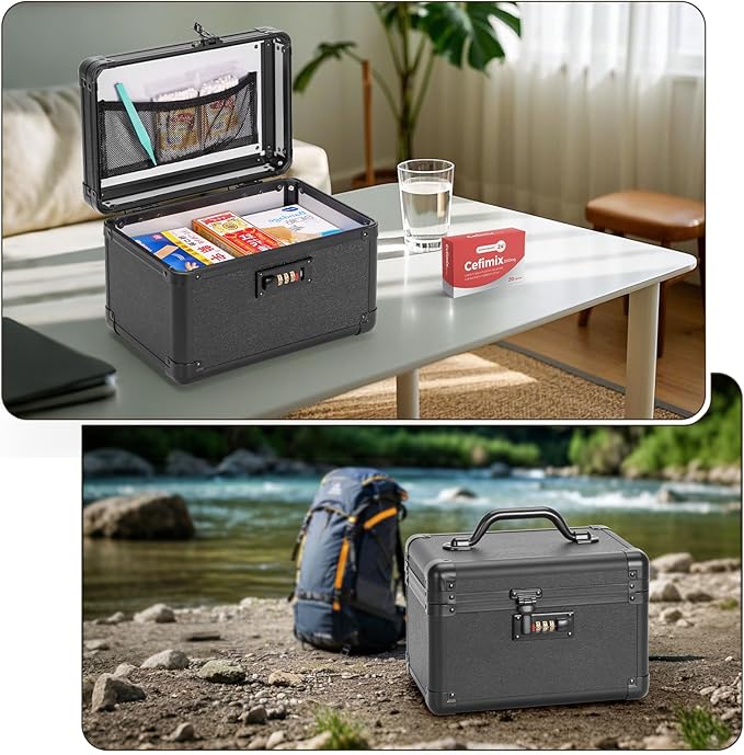 Medicine Lock Box, Lockable Storage Box for Drugs, Childproof Medication Storage with Combination Lock for/Dorms/Outdoor/Home Personal Pill Organizers (Small 10.2x6.8x6.9 Inch) Black