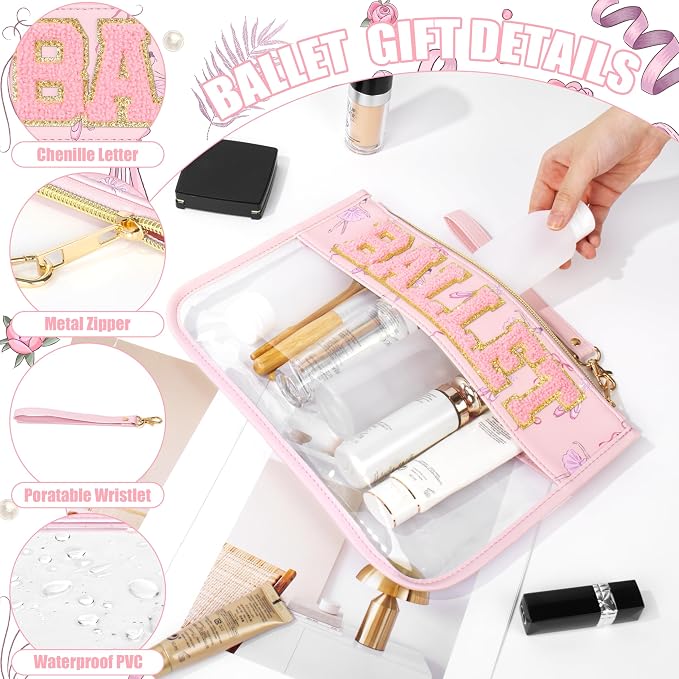 BuyCard Ballet Gifts Cosmetic Makeup Bag with Chenille Letter Patch, Clear Pouch PVC Organizer Purse, Waterproof Travel Bag, Portable Toiletry Storage Bags for Her Girls Friends Women