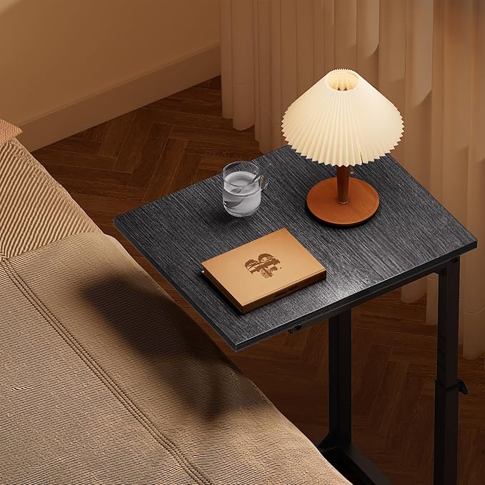 C Shaped End Table with Charging Station, 33" Tall Side Table for Couch, Adjustable Height C Table End Table, Couch Table Slide Under Sofa Table TV Tray Table for Living Room, Gray Walnut