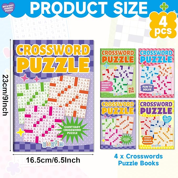 4 Pack Large Crosswords Puzzle Books for Adults Aging Seniors 6.5x9 Inches Word Find Puzzle Books with Large Print Words Activity Book Variety Themes Brain Stimulation Games and Stress Relief