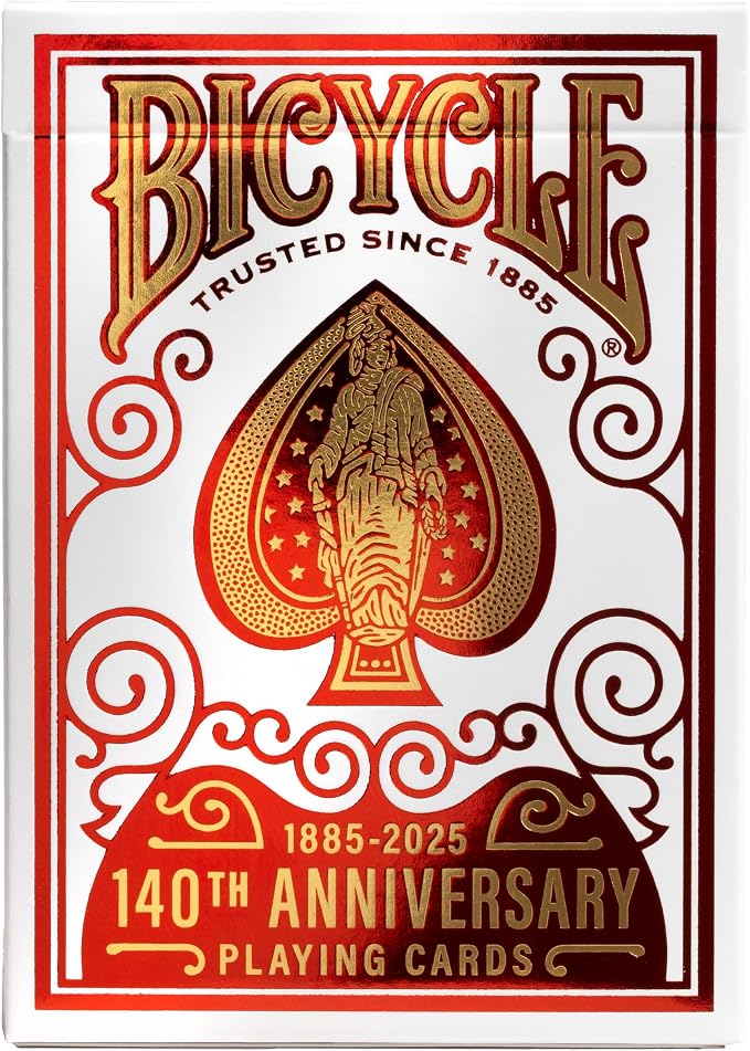Bicycle 140th Anniversary Playing Cards Special Edition 1885 Design | Red and gold foil, Historic aces from 1885 artwork, Court cards marked with 1885 and 2025, Air Cushion Finish