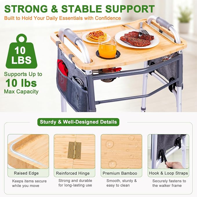 Walker Tray Table with Side Pockets & Cup Holder for Folding Walkers, Foldable Bamboo Walker Tray for Seniors, Stable Walker Accessories with Raised Edges for Meals, Drinks, Reading &Daily Living