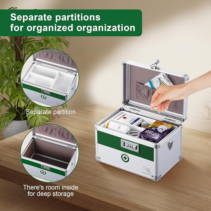 Medicine box with lock 10 x6.7x 6.7 inches [Small] | Medication Lock box ，First Aid Key Safe Box with Lock, Medical Box Organizer