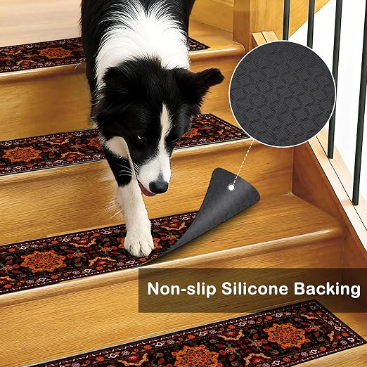 Stair Treads for Wooden Steps 15 Pack, Vintage Distress Print Pattern Runners Non Slip and Washable, Rug Carpet for Stairs with Silicone Backing 8" X 30"