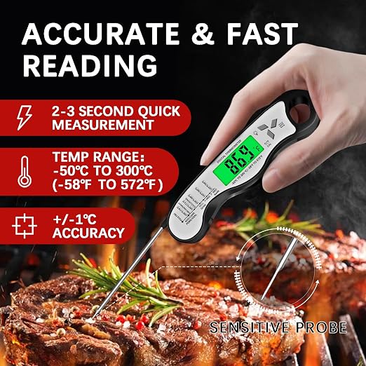 Cooking Thermometer，IP67 Waterproof Meat Thermometer Digital | Backlight，Magnetic attraction，Hold Function，Instant Read，LED screen，for Cooking,Outdoor Grilling