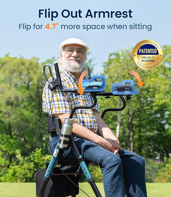 VOCIC Walkers for Seniors, Upright Walker with Adjustable Armrests, Z22 GelCool Stand Up Walker with Ergo Seat & Backrest, 8" All Terrain Rollator with 300lb,Cup& Cane Holder