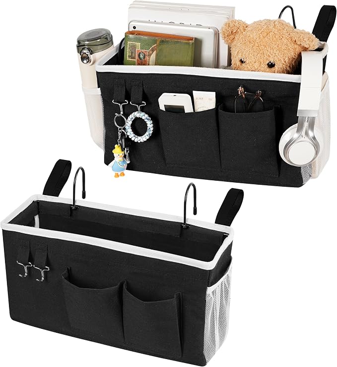 Bedside Caddy, Bedside Storage Bag Hanging Organizer for Bunk Dorm Bed Rail | Bed Caddy with Hooks, Top Bunks and Dorm Essentials for Water, Tissues, Tablets, Books, Phones, Remotes and Other Necessories