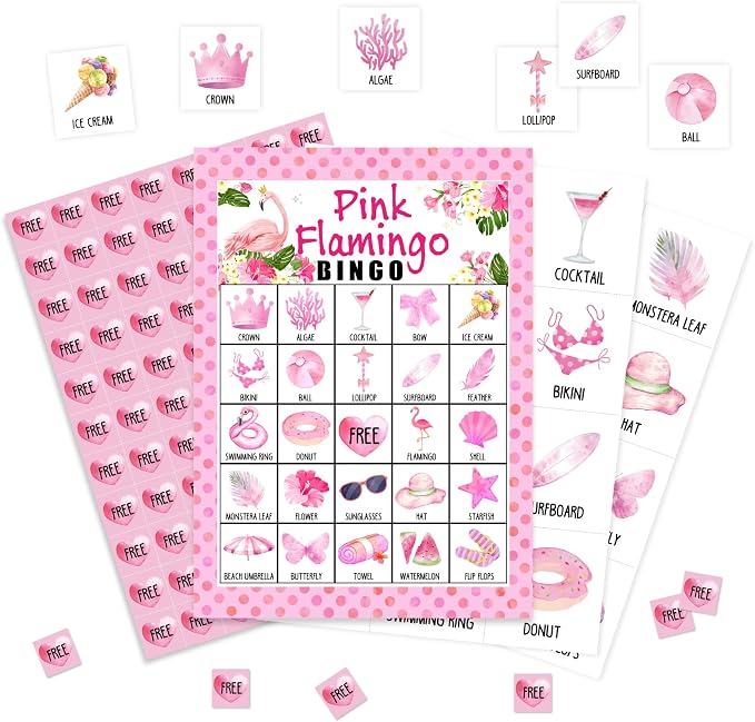 Pink Flamingo Bingo Game Cards, Hawaiian Bingo Games for Adults, Tropical Summer Cards Supplies, Jungle Birthday Party Decor Favors, Card Gifts for Women Friends Family Holiday, 10
