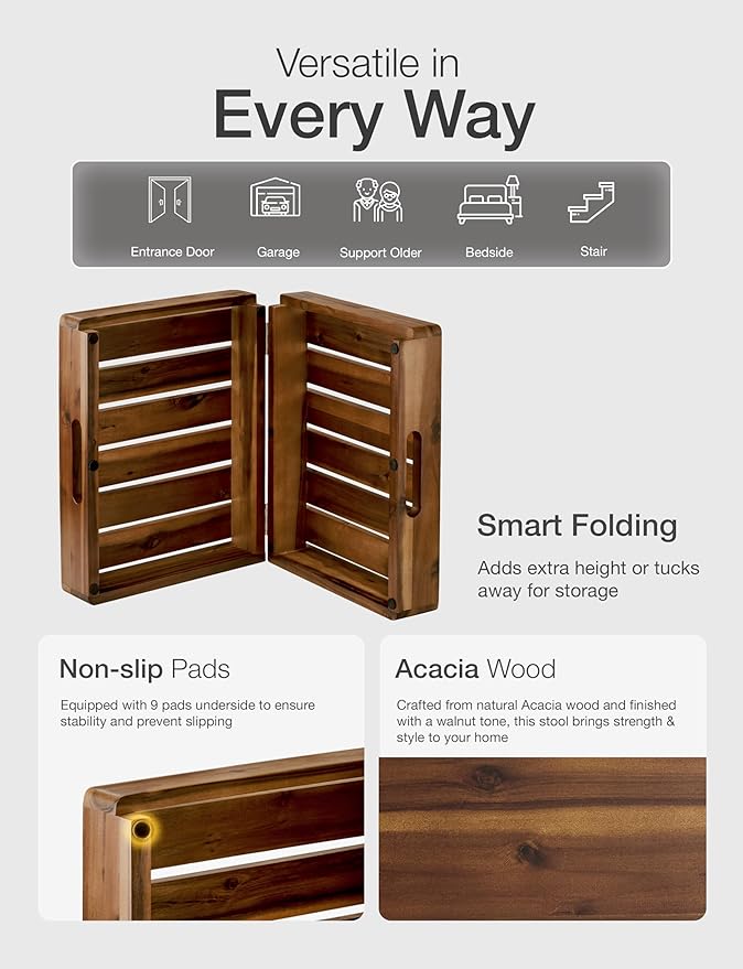HOLANA 25in Wood Step Stool for Adults - Foldable Stepping Stool for Adults, Half Steps for Seniors - Acacia Wood Platform, Mobility Step - Wooden Platform 500 Lbs, Integrated Handles (Walnut Color)