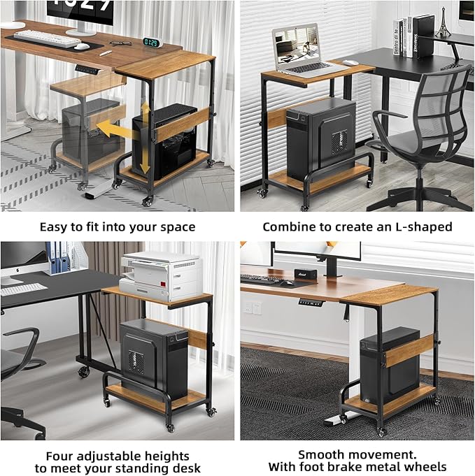 2-Tier Computer Tower Stand Adjustable, Gaming PC Floor Stand Large for ATX, E-ATX, ITX, Rolling PC Tower Cart with Guardrail, Metal Locking Wheels, 32.7" X 21.6" X 15.8",Walnut